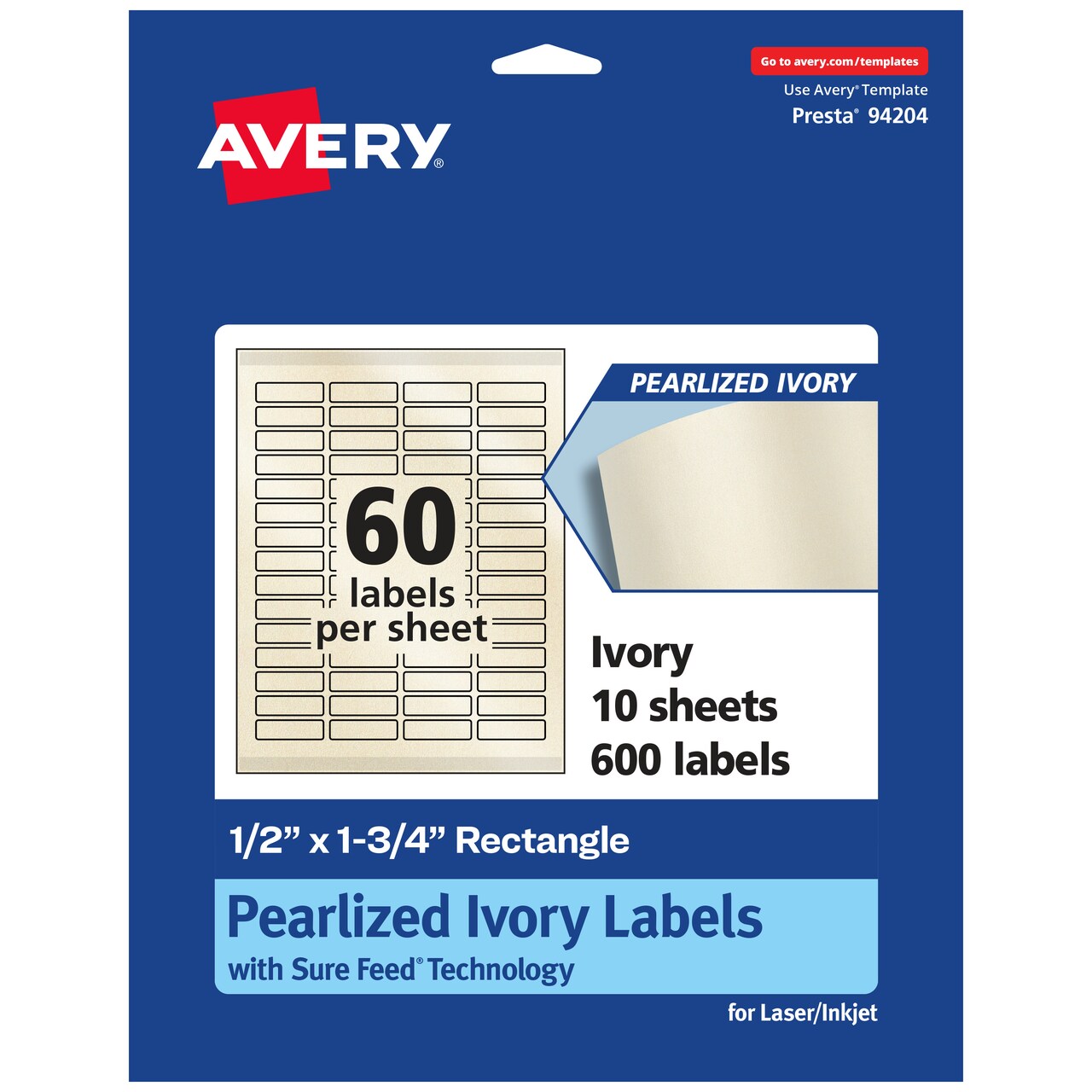 Avery Pearlized Ivory Rectangle Labels with Sure Feed Technology, Print-to-the-Edge, .5" x 1.75"